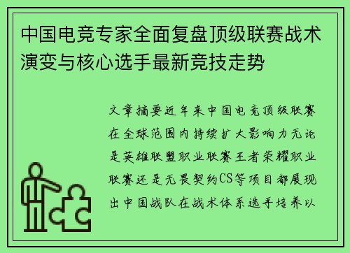 中国电竞专家全面复盘顶级联赛战术演变与核心选手最新竞技走势